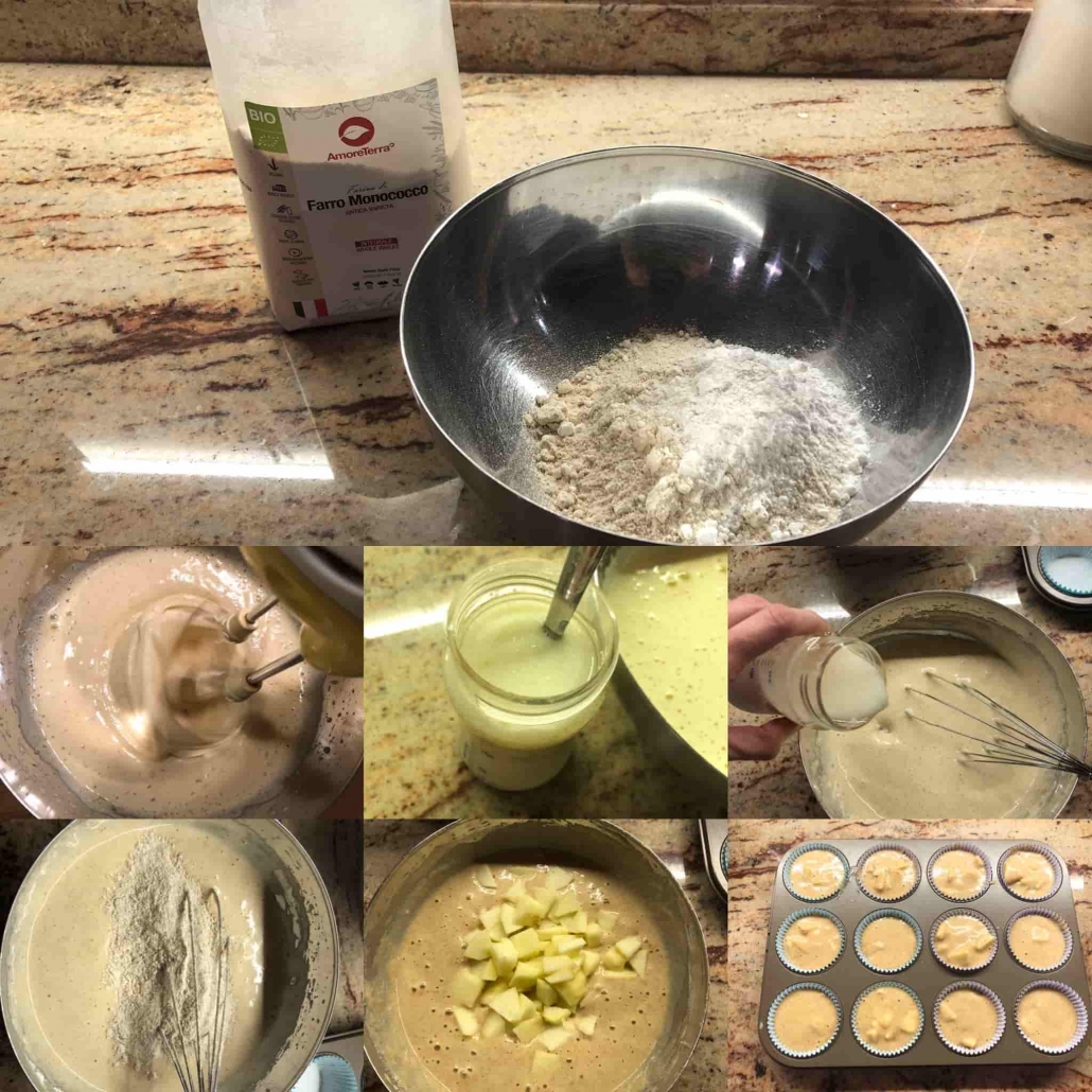fasi per la preparazione dei muffin al farro e mele