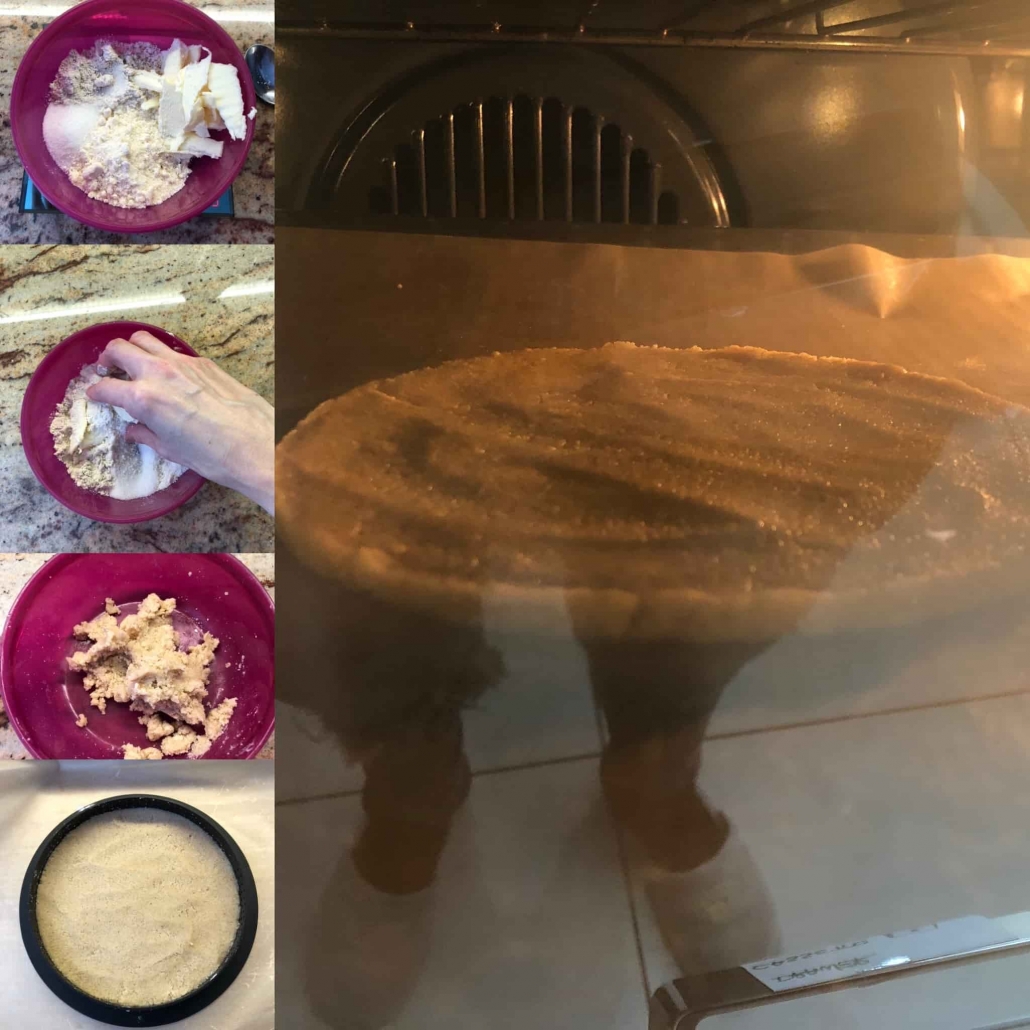 fasi per la preparazione del crumble, primo strato della torta pulcino starbico