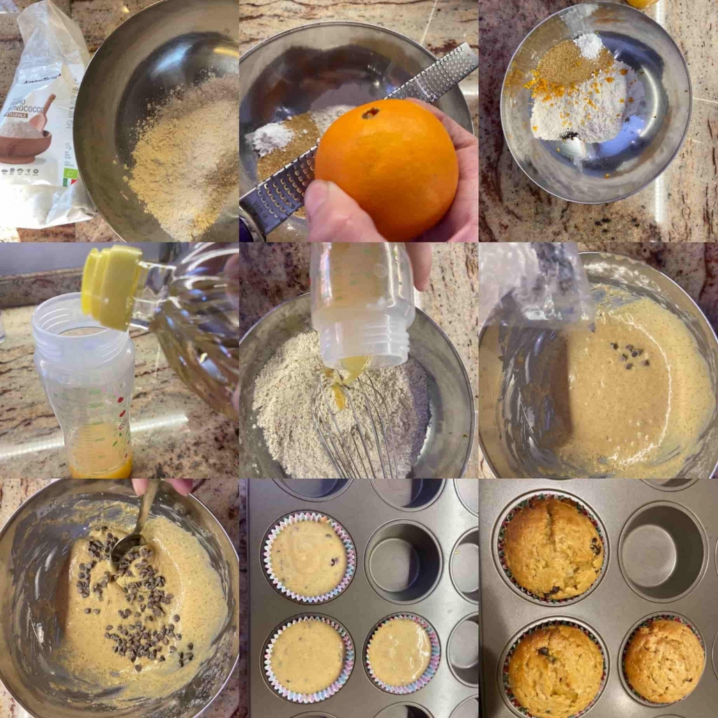 fasi per preparare i muffins arancia e cioccolato