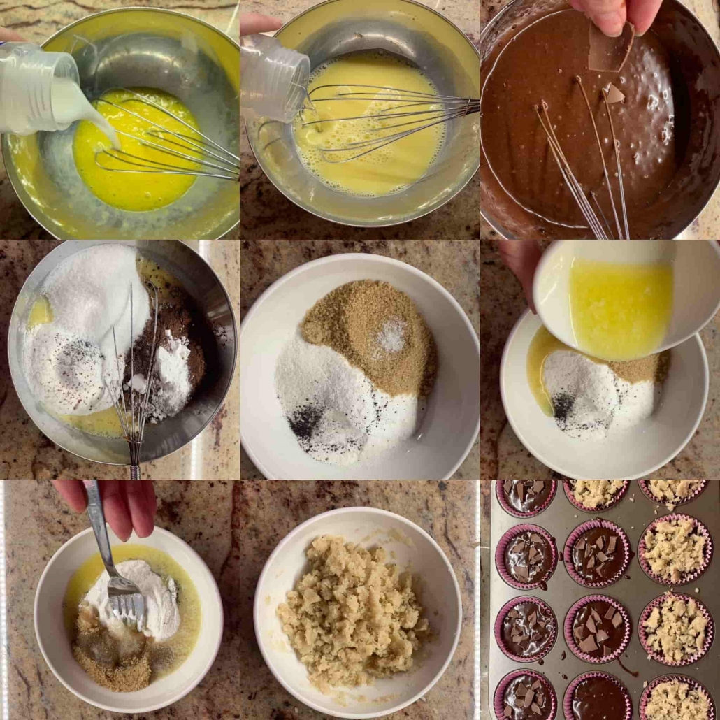fasi per preparare i muffins al cioccolato con streusel alla vaniglia