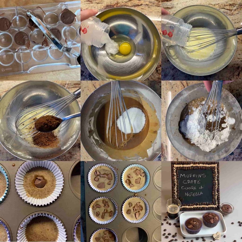 fasi per preparare i muffins al caffé e nutella