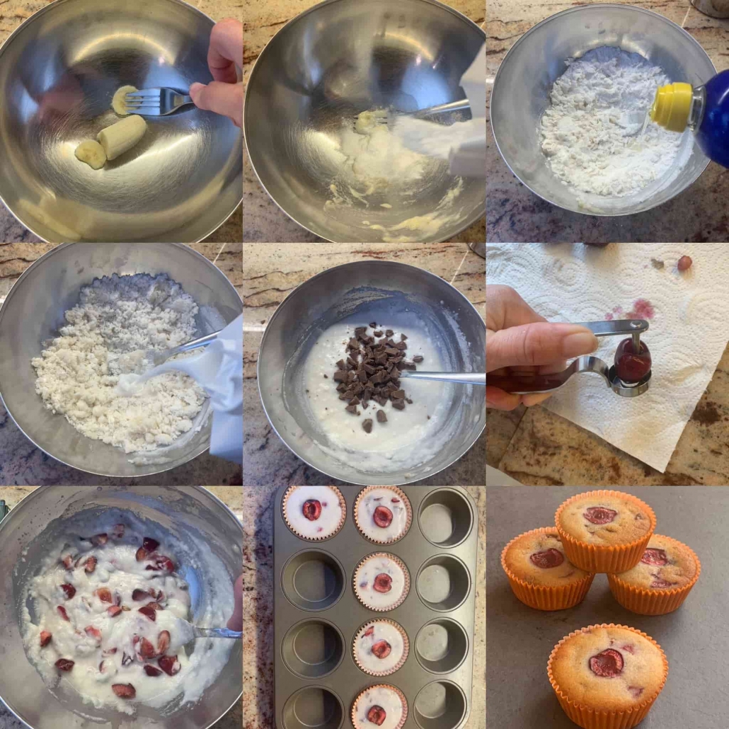 fasi per preparare i muffins alla ciliegia e cioccolato