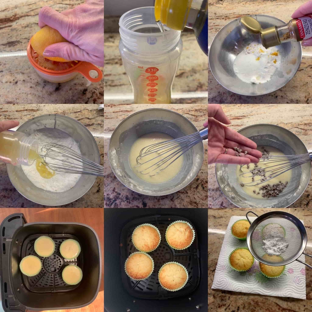 fasi per preparare i muffins alla arancia vegani e gluten free