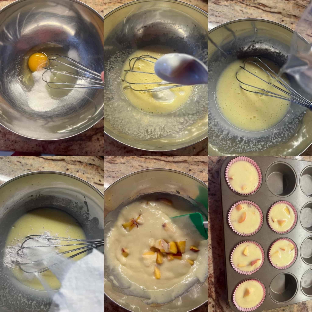 fasi per preparare i muffins allo yogurt alla vaniglia e pesca